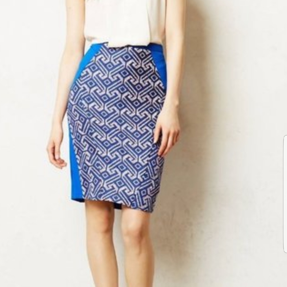 Anthropologie Eva Franco Blue and White Geometric Pencil Skirt